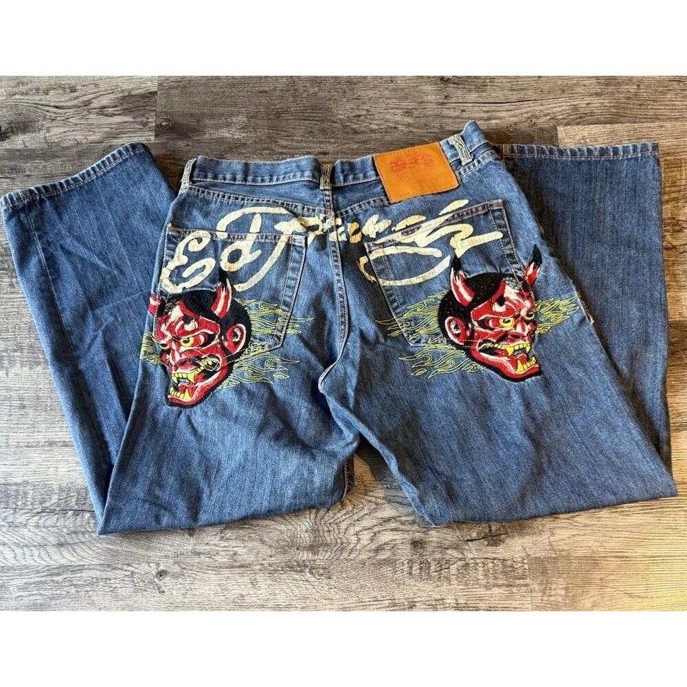 Vintage Y2K Ed Hardy Christian Audigier Embroidered Oni Demon Jeans W36 (FLAWED)